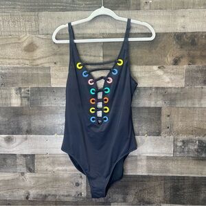 Bleu by Rod Beattie Black Rainbow Hole in One Lattice One-Piece Swimsuit Lattice